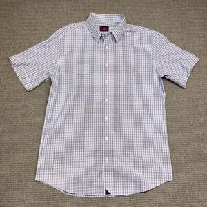 UNTUCKit Mens Large Tall Slim Blue White Plaid Wrinkle Free SS Button Down Shirt